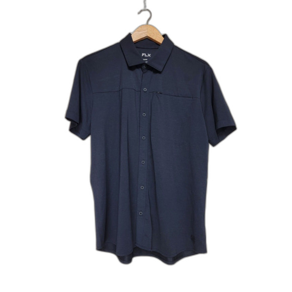 FLX Commuter Urban Zip Pocket Button-up Short Sleeve Navy Blue Shirt - Medium - Picture 1 of 4